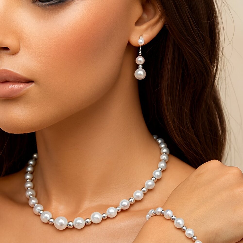 Women’s Faux Pearl & Silver Bead Set – Matching Necklace, Bracelet & Earrings